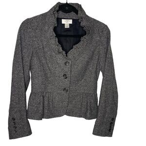 ANN TAYLOR LOFT Petites Blazer Wool Tweed Ruffled Peplum Jacket Womens 0 P Gray